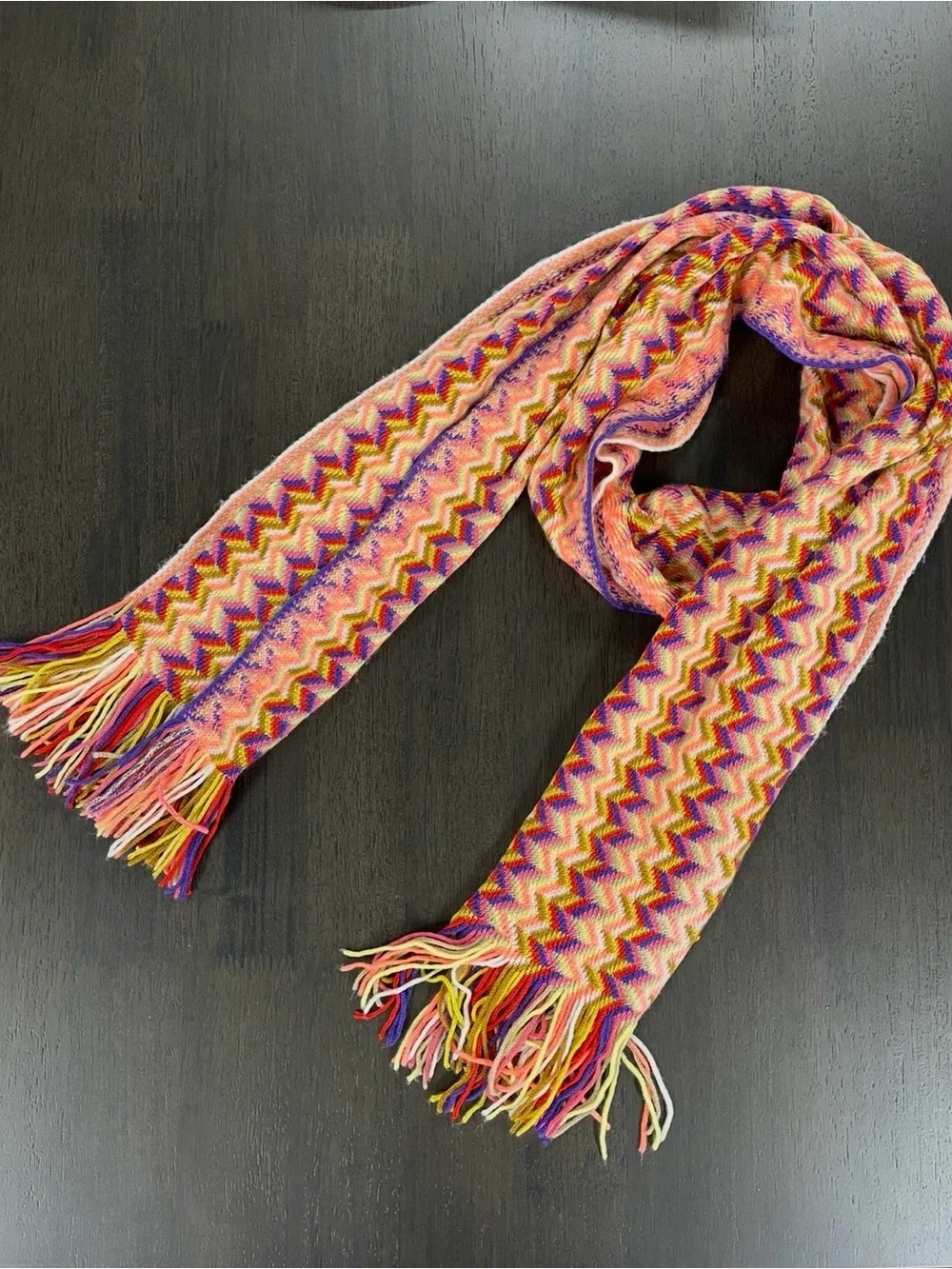 Multicolor Zigzag Knit Fringe Scarf - Pink/Yellow/Purple